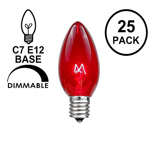 Product Cover Novelty Lights 25 Pack C7 Outdoor String Light Christmas Replacement Bulbs, Red, C7/E12 Candelabra Base, 5 Watt