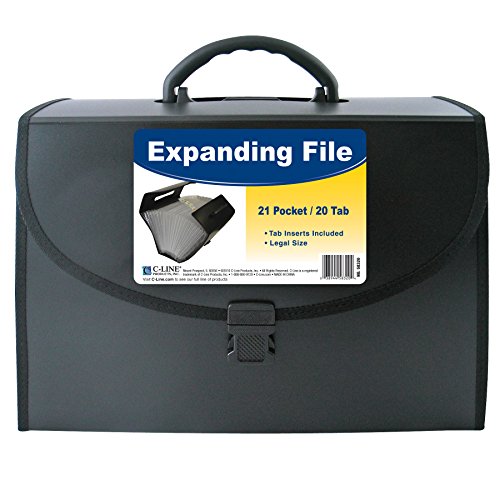 Product Cover C-Line 21-Pocket Poly Expanding File with Handle, Includes Tabs, Locking Closure, Legal Size, Black (58320)