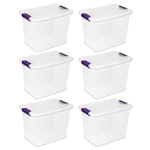 Product Cover Sterilite 17631706 27 Quart/26 Liter ClearView Latch Box, Clear with Sweet Plum Latches, 6-Pack