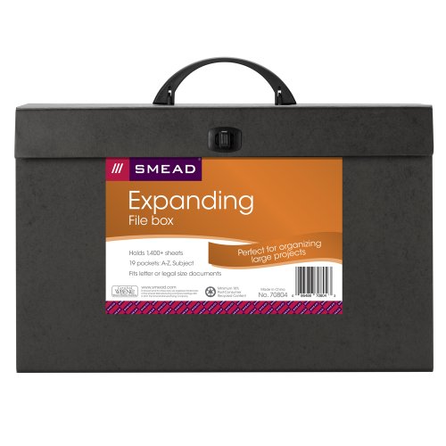 Product Cover Smead Portable Expanding File Box, 19 Pockets, Alphabetic (A-Z) and Subject, Latch Closure, Legal Size, Black (70804)
