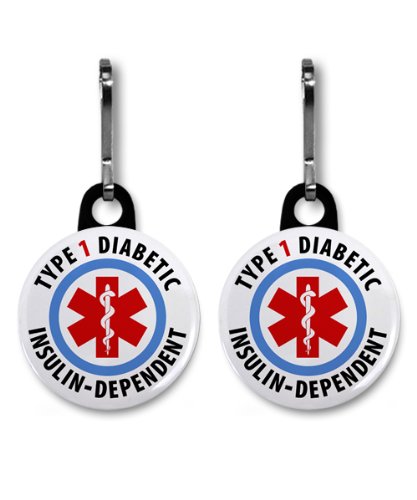 Product Cover TYPE 1 DIABETIC Insulin Dependent Medical Alert 2-Pack 1 Black Zipper Pull Charms