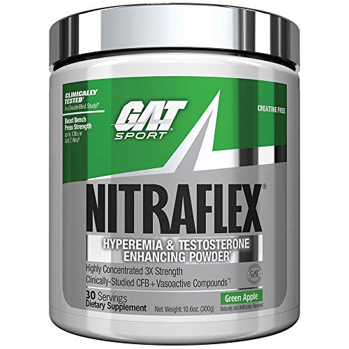 Product Cover GAT Sport, NITRAFLEX Testosterone Boosting Powder, Increases Blood Flow, Boosts Strength and Energy, Improves Exercise Performance, Creatine-Free (Green Apple, 30 Servings)