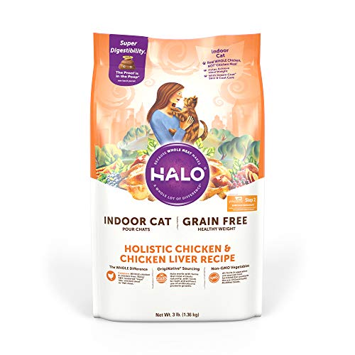Product Cover Halo Grain Free Natural Dry Cat Food, Indoor Healthy Weight Chicken & Chicken Liver Recipe, 3-Pound Bag