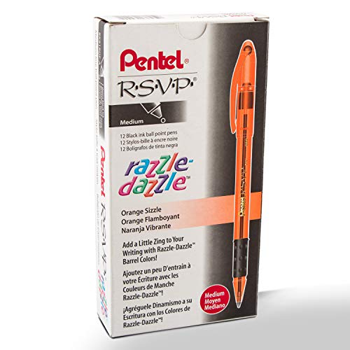 Product Cover Pentel R.S.V.P. Razzle-Dazzle Ballpoint Pen, Medium Line, Orange Barrel, Black Ink, Box of 12 (BK91RDF-A)