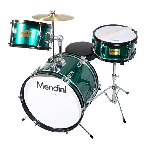 Product Cover Mendini by Cecilio 16 inch 3-Piece Kids/Junior Drum Set with Adjustable Throne, Cymbal, Pedal & Drumsticks, Metallic Green, MJDS-3-GN