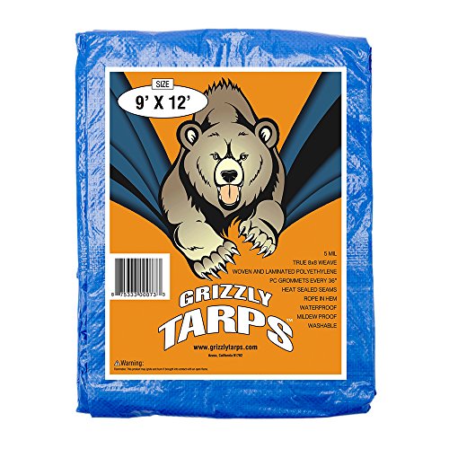Product Cover Grizzly Tarps 9 x 12 Feet Blue Multi Purpose Waterproof Poly Tarp Cover 5 Mil Thick 8 x 8 Weave