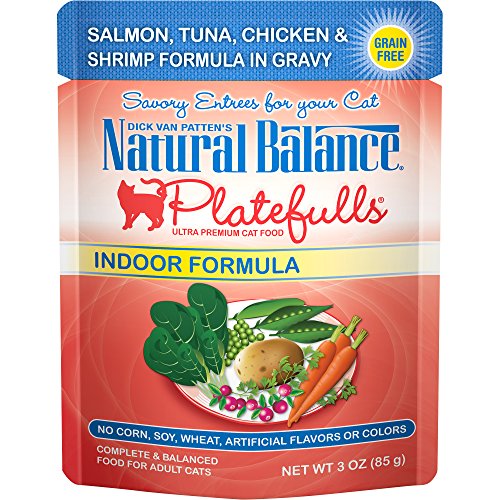 Product Cover Natural Balance Platefulls Grain Free Indoor Cat Food, Indoor Salmon, Tuna, Chicken And Shrimp Formula In Gravy, 3-Ounce Pouches (Pack Of 24)