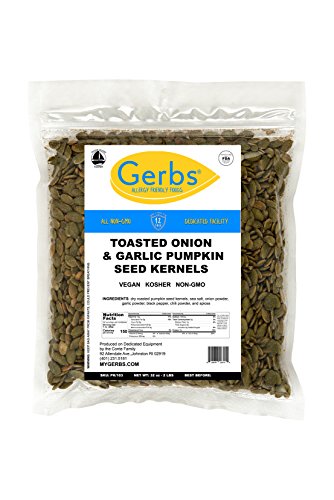 Product Cover Toasted Onion & Garlic Pumpkin Seed Kernels, 2 LBS by Gerbs - Top 14 Food Allergy Free & NON GMO - Vegan & Kosher - Dry Roasted Seasoned Premium Quality Seeds Grown in Mexico