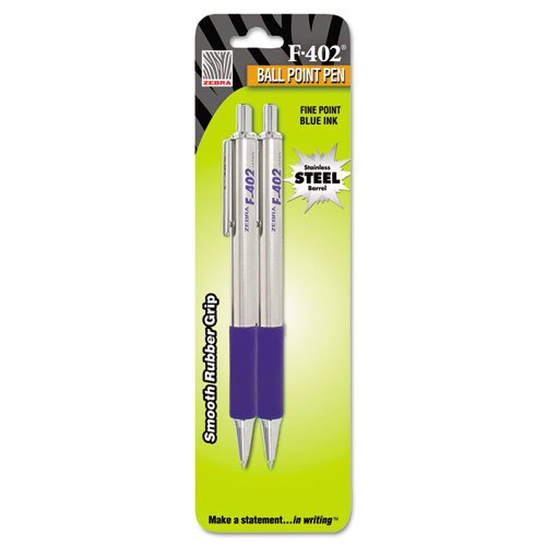 Product Cover Zebra F-402 Ballpoint Stainless Steel Retractable Pen, Fine Point, 0.7mm, Blue Ink, 2-Count
