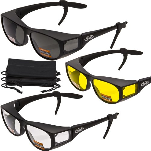 Product Cover 3 PAIRS- Escort Advanced System Safety Glasses Fits Over Most Prescription Eyewear - FREE Rubber EAR LOCKS and Microfiber Pouch! -Gloss Black Frame