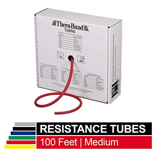 Product Cover TheraBand Resistance Tubes, Professional Latex Elastic Tubing, Upper & Lower Body, Core Exercise, Physical Therapy, Lower Pilates, at-Home Workouts, Rehab, 100 Foot, Red, Medium, Beginner Level 3