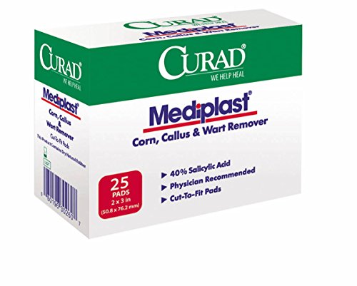 Product Cover Curad Mediplast (25 Pads) Corn, Callus, & Wart Remover, 40% Salicylic Acid Pads for topical removal of corns, callus, or plantar warts