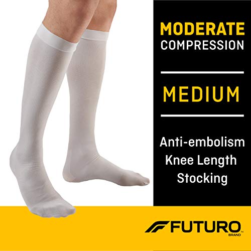 Product Cover Futuro Anti-Embolism Knee Highs, Unisex, Moderate Compression, Medium, White, Helps Reduce Formation of Blood Clots