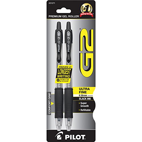 Product Cover PILOT G2 Premium Refillable & Retractable Rolling Ball Gel Pens, Ultra Fine Point, Black Ink, 2-Pack (31271)
