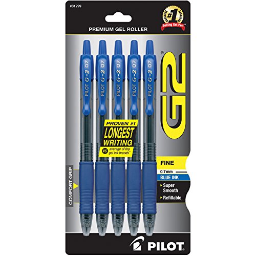 Product Cover PILOT G2 Premium Refillable & Retractable Rolling Ball Gel Pens, Fine Point, Blue Ink, 5-Pack (31299)