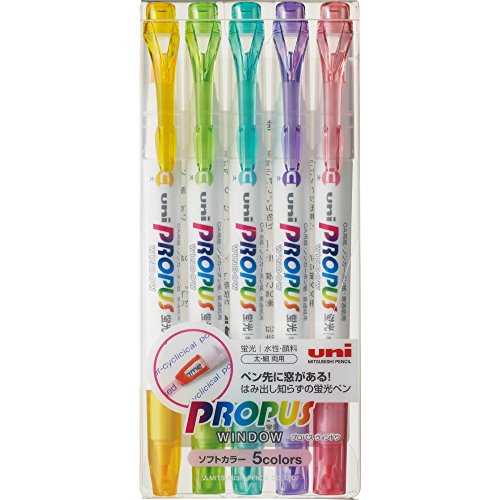 Product Cover Uni Propus Window Soft Color Double-Sided Highlighter Pen with 4.0 mm/0.6 mm Twin Tip, 5 Color Set (PUS102T5CS)