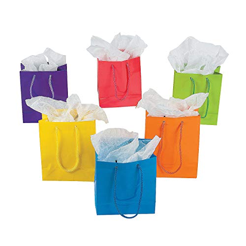Product Cover Fun Express Small Neon Gift Bags (1 Dozen) Party Supplies & Favor Bags, Gift Bags with Handles, Assorted Neon Colors, 4 3/8