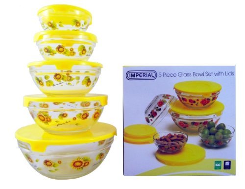 Product Cover Imperial 5 Pcs Glass Nested Dipping or Storage Bowls with Yellow Sunflower Design and Yellow Lid