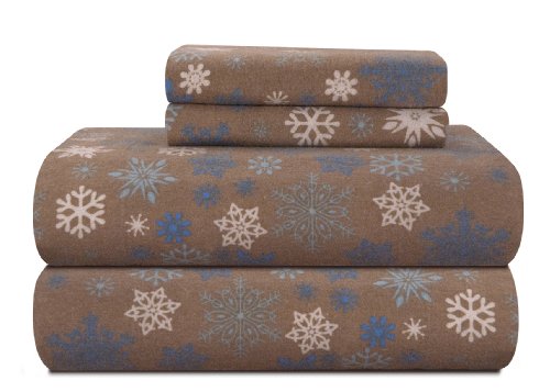 Product Cover Pointehaven Heavy Weight Printed Flannel Sheet Set, Queen, Snow Flakes/Tan