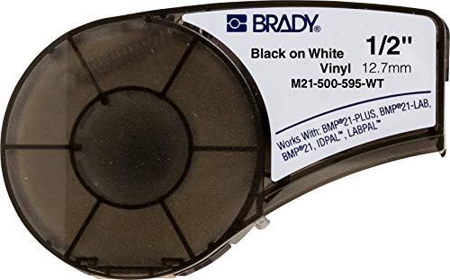 Product Cover Brady High Adhesion Vinyl Label Tape (M21-500-595-WT) - Black on White Vinyl Film - Compatible with BMP21-PLUS, IDPAL, and LABPAL Label Printers - 21' Length, 0.5