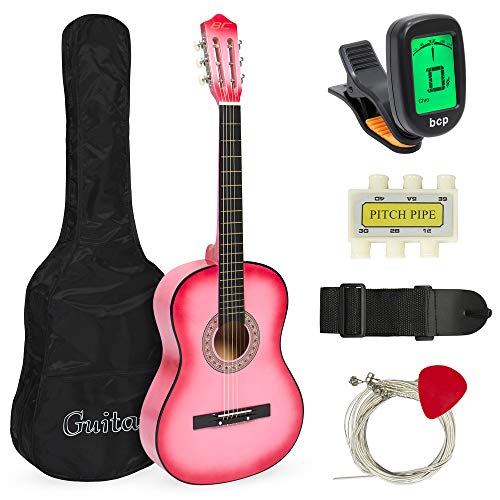 Product Cover Best Choice Products 38in Beginner Acoustic Guitar Starter Kit w/ Case, Strap, Digital E-Tuner, Pick, Pitch Pipe, Strings - Pink