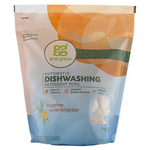 Product Cover Grab Green Natural Dishwasher Detergent Pods, Tangerine + Lemongrass-With Essential Oils, 60 Count, Organic Enzyme-Powered, Plant & Mineral-Based