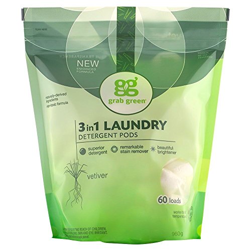 Product Cover Grab Green Natural 3 in 1 Laundry Detergent Pods, Vetiver-With Essential Oils, 60 Loads, Organic Enzyme-Powered, Plant & Mineral-Based, 34 Ounce