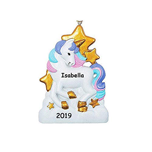 Product Cover Personalized White Unicorn with Pink and Purple Hair Mane and Gold Stars Hanging Christmas Tree Ornament with Your Choice of Custom Name and Year