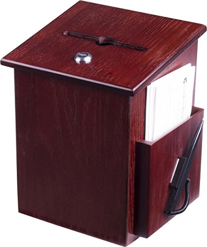 Product Cover Wood Suggestion Box, Ballot Box with Pocket, Locking Hinged Lid and Pen for Wall or Countertop - Red Mahogany (Ballots Not Included)