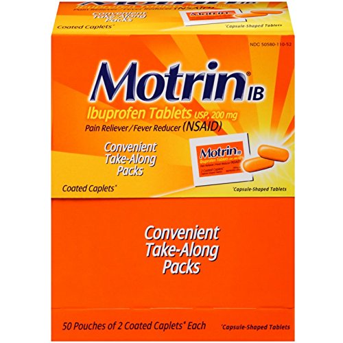 Product Cover Motrin IB - Ibuprofen Tablets, Two Tablets Per Packet, 50 Packets Total, One Box