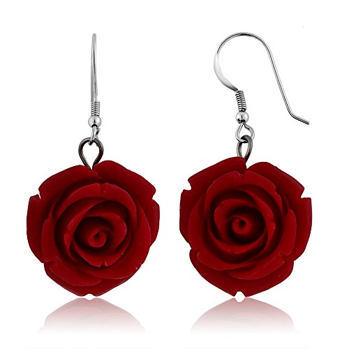 Product Cover Gem Stone King 20MM 925 Sterling Silver Red Simulated Coral Carved Rose Flower Earrings