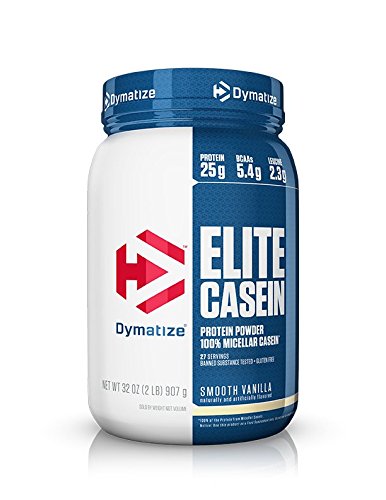 Product Cover Dymatize Elite Casein Protein Powder, Slow Absorbing with Muscle Building Amino Acids, 100% Micellar Casein, 25g Protein, 5.4g BCAAs & 2.3g Leucine, Helps Overnight Recovery, Smooth Vanilla, 2 Pound