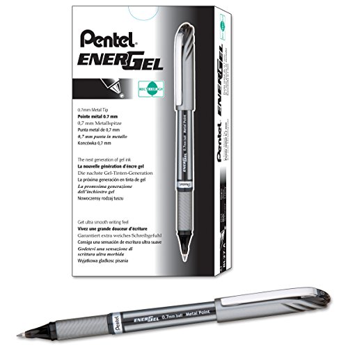 Product Cover Pentel EnerGel NV Liquid Gel Pen, 0.7mm, Medium Line Capped, Metal Tip, Black Ink, Box of 12 (BL27-A)