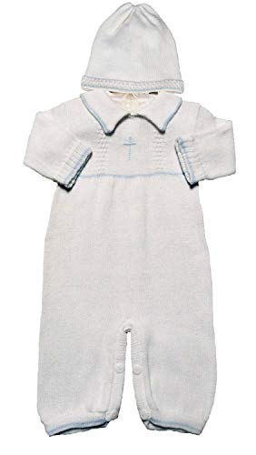 Product Cover Boy's White Cotton Knit Christening Baptism Longall w/Blue Cross and Hat 9 Mo
