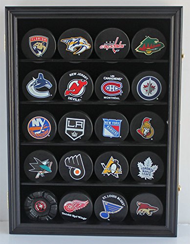 Product Cover Hockey Puck Display Case Shadow Box Wall Cabinet (Pucks not inlcuded), UV Protection Door (Black)