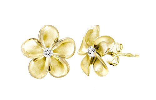 Product Cover 14k Yellow Gold Plated Sterling Silver Plumeria Stud Earrings with CZ, 12mm