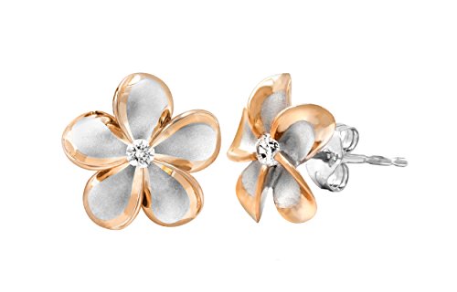 Product Cover Sterling Silver with 14k Rose Gold Plated Trim CZ Plumeria Stud Earrings, 12mm