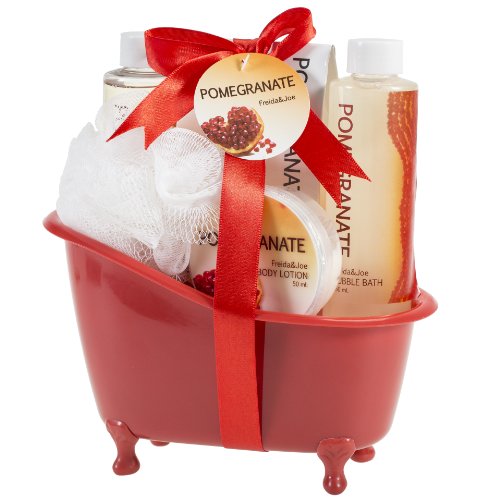 Product Cover Red Pomegranate Bath and Body Spa Gift Set Displayed In Red Tub Includes Shower Gel, Bubble Bath, Body Lotion, Pomegranate Bath Salt and Pouf, Perfect Spa Relaxation Gift