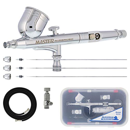 Product Cover Master Airbrush Master Performance G233 Pro Set with 3 Nozzle Sets (0.2, 0.3 & 0.5mm Needles, Fluid Tips and Air Caps) and Air Hose - Dual-Action Gravity Feed Airbrush with 1/3 oz Cup, Cutaway Handle