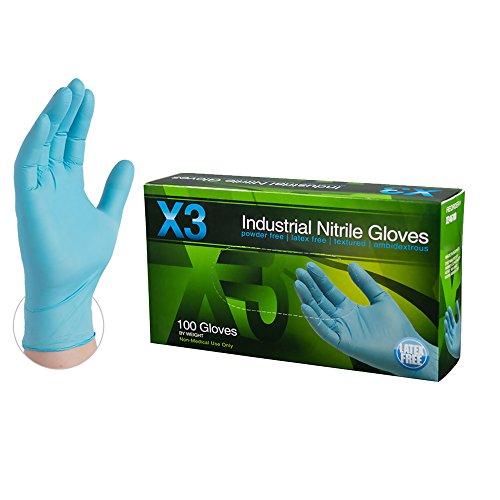 Product Cover X3 Industrial Blue Nitrile Gloves - 3 mil, Latex Free, Powder Free, Textured, Disposable, Small, X342100-BX, Box of 100