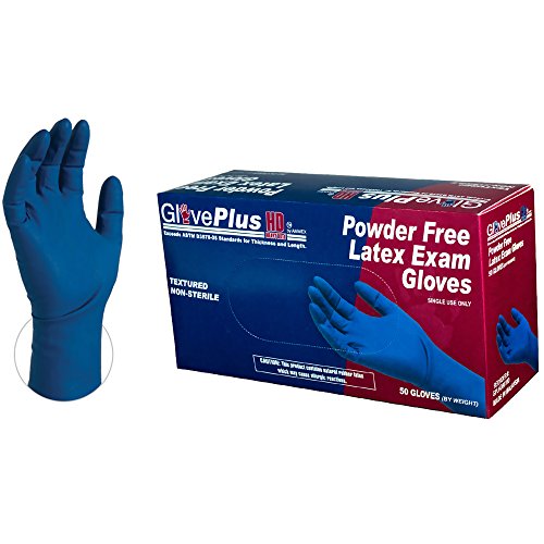 Product Cover GlovePlus HD Medical Blue Latex Gloves - 13 mil, Powder Free, Textured, Disposable, Non-Sterile, Large, GPLHD86100-BX, Box of 50