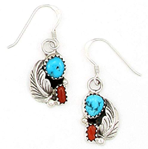 Product Cover Made in USA By Navajo Artist Rebecca Dawes: Beautiful Sterling-Silver Turquoise & Coral Drop-Earring