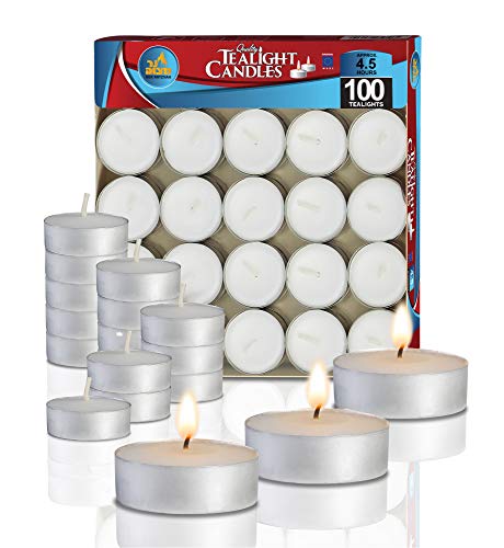 Product Cover Ner Mitzvah Tea Light Candles - 100 Bulk Pack - White Unscented Travel, Centerpiece, Decorative Candle - 4.5 Hour Burn Time - Pressed Wax