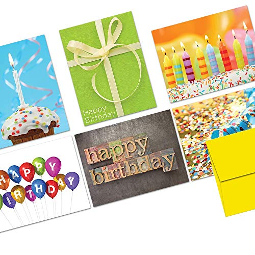 Product Cover Happy Birthday Cards Assortment -It's Your Birthday- 72 Pack -Yellow - 6 Unique Designs - Yellow ENVELOPES INCLUDED - Greeting Cards - Glossy Cover Blank Inside - By Note Card Café
