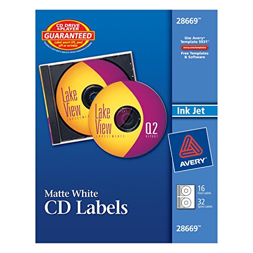 Product Cover Avery Matte White CD Labels for Inkjet Printers, 16 Face Labels and 32 Spine Labels (28669)