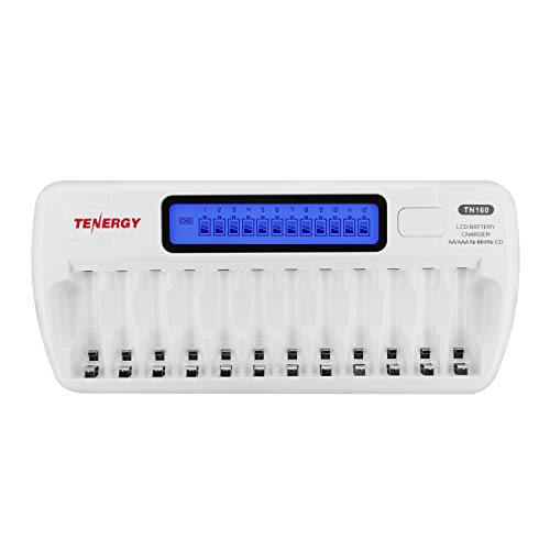 Product Cover Tenergy TN160 LCD Battery Charger 12-Bay Smart Battery Charger for AA/AAA NiMH/NiCd Rechargeable Batteries Charger with Refresh Function Household Battery Charger w/AC Wall Adapter