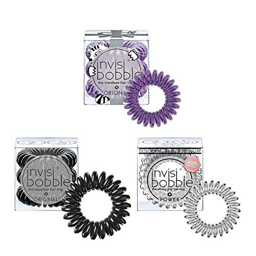 Product Cover invisibobble Original and Power Traceless Spiral Hair Ties, Elastic Band with Strong Grip, Non-soaking, Hair Accessories for Women- Clear, Purple, Black (Pack of 9)