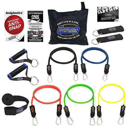 Product Cover Bodylastics Stackable (12 Pcs) MAX Tension Resistance Bands Sets. This Leading Exercise Band System Includes 5 of Our Anti-Snap Exercise Tubes, Heavy Duty Components, and a Travel Bag.