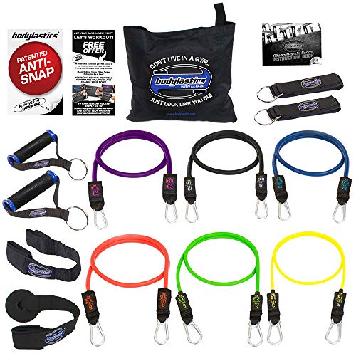 Product Cover Bodylastics Stackable (14 Pcs) MAX XT Resistance Bands Sets. This Leading Exercise Band System Includes 6 of Our Anti-Snap Exercise Tubes, Heavy Duty Components, and a Travel Bag