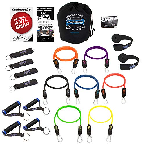 Product Cover Bodylastics 19 Pcs Resistance Bands Set - Strong Man Resistance. This Leading Exercise Band Kit Includes 7 of Our Anti-Snap Exercise Tubes, Heavy Duty Components, Carry Bag and 44 Online Workouts